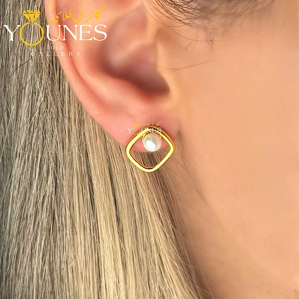 گوشواره طلا میخی مربعی مروارید دار